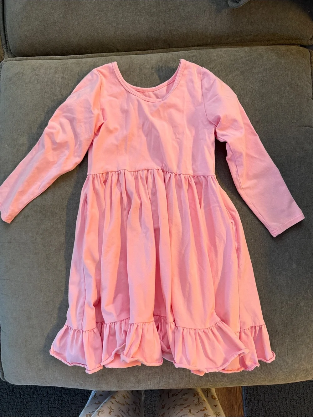 Girls' Long Sleeve Pink Ruffle-Hem Cotton Dress